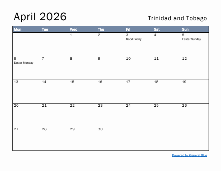 April 2026 Simple Monthly Calendar for Trinidad and Tobago