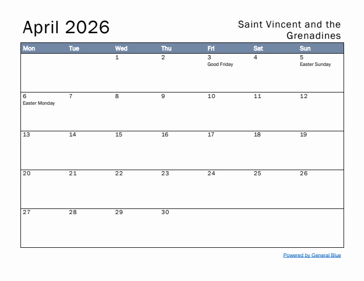 April 2026 Simple Monthly Calendar for Saint Vincent and the Grenadines