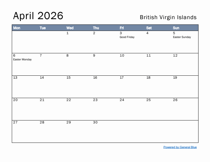 April 2026 Simple Monthly Calendar for British Virgin Islands