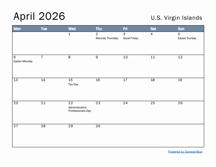 April 2026 Simple Monthly Calendar for U.S. Virgin Islands