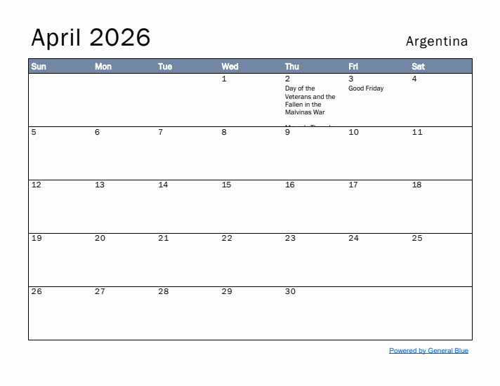 April 2026 Simple Monthly Calendar for Argentina