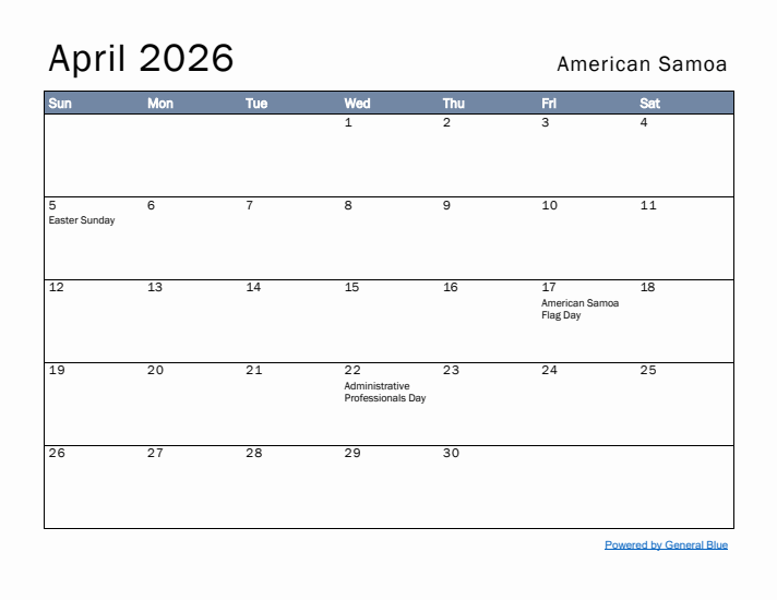 April 2026 Simple Monthly Calendar for American Samoa