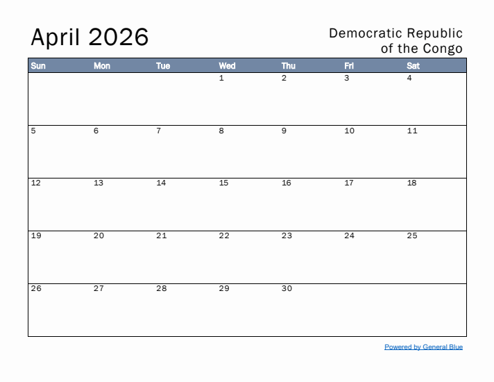 April 2026 Simple Monthly Calendar for Democratic Republic of the Congo