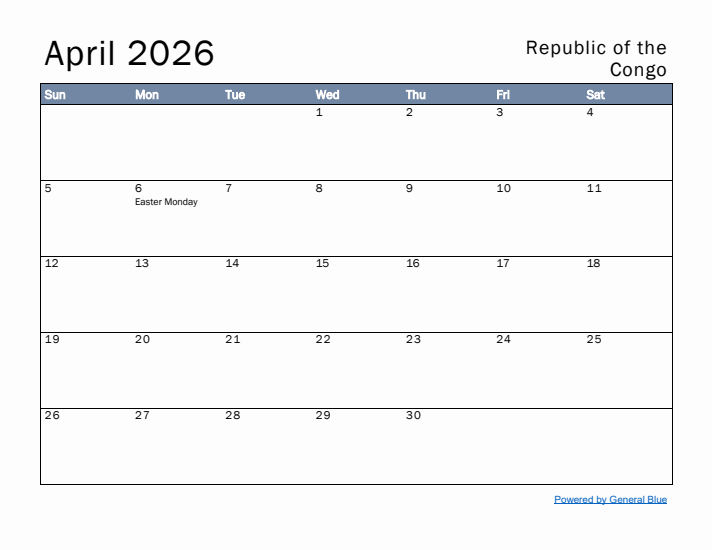 April 2026 Simple Monthly Calendar for Republic of the Congo