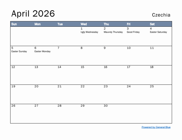 April 2026 Simple Monthly Calendar for Czechia