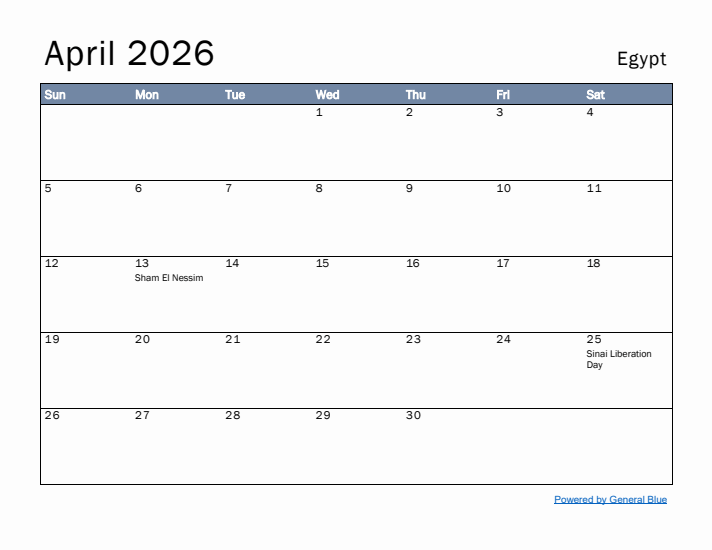 April 2026 Simple Monthly Calendar for Egypt