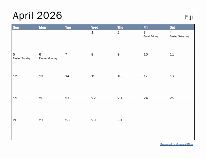 April 2026 Simple Monthly Calendar for Fiji