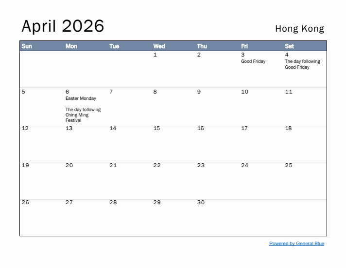 April 2026 Simple Monthly Calendar for Hong Kong