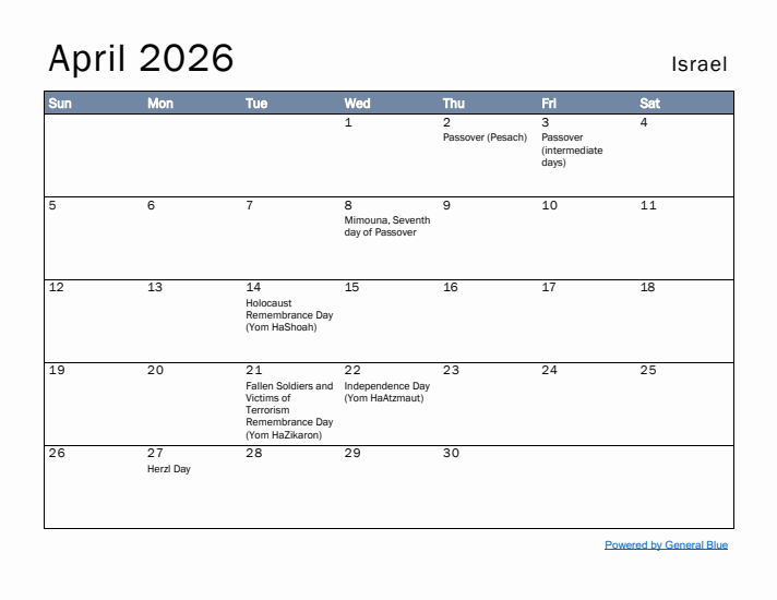 April 2026 Simple Monthly Calendar for Israel