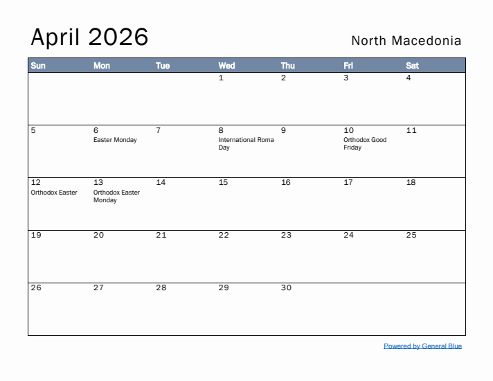 April 2026 Simple Monthly Calendar for North Macedonia