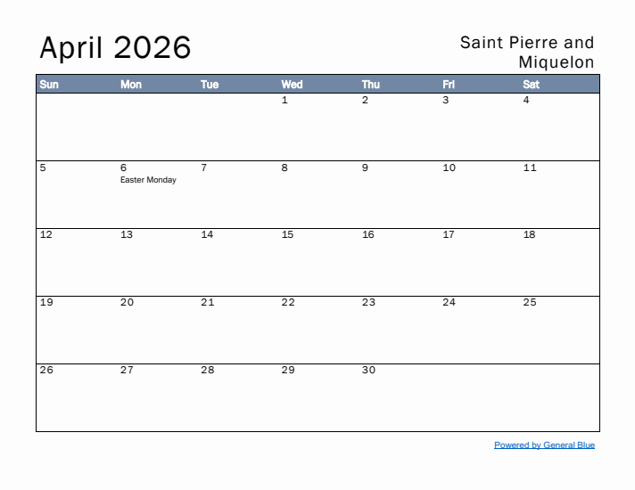 April 2026 Simple Monthly Calendar for Saint Pierre and Miquelon