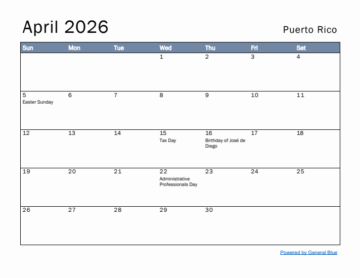 April 2026 Simple Monthly Calendar for Puerto Rico