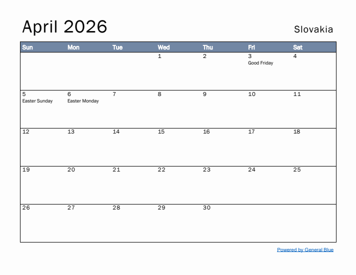 April 2026 Simple Monthly Calendar for Slovakia