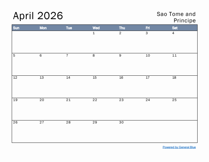 April 2026 Simple Monthly Calendar for Sao Tome and Principe