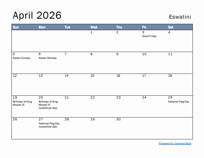 April 2026 Simple Monthly Calendar for Eswatini