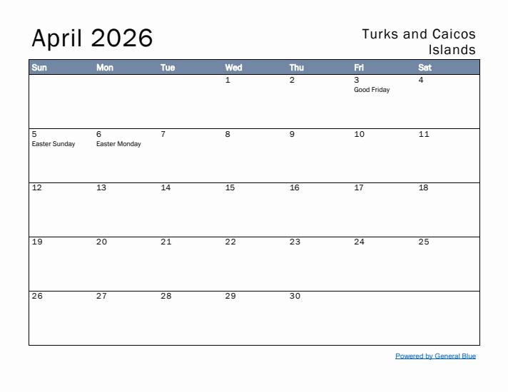 April 2026 Simple Monthly Calendar for Turks and Caicos Islands