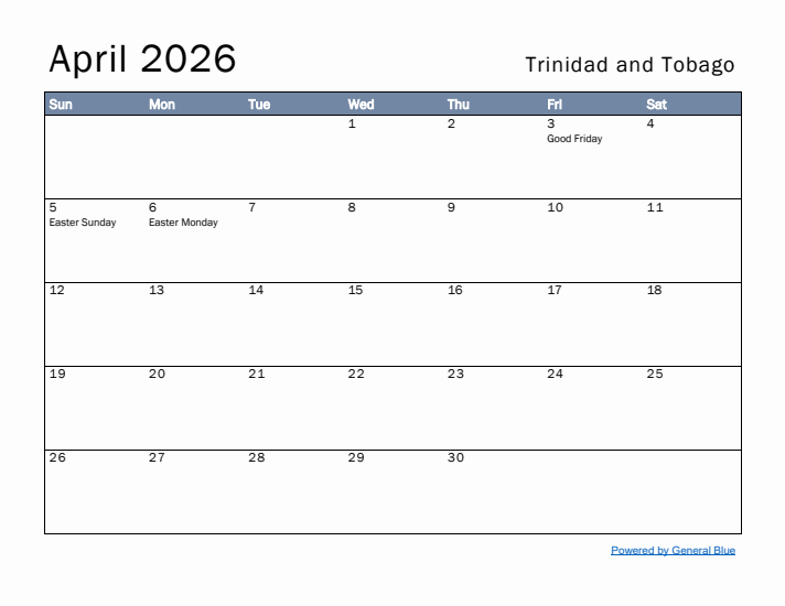 April 2026 Simple Monthly Calendar for Trinidad and Tobago
