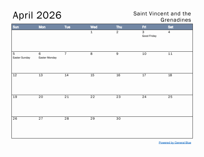 April 2026 Simple Monthly Calendar for Saint Vincent and the Grenadines