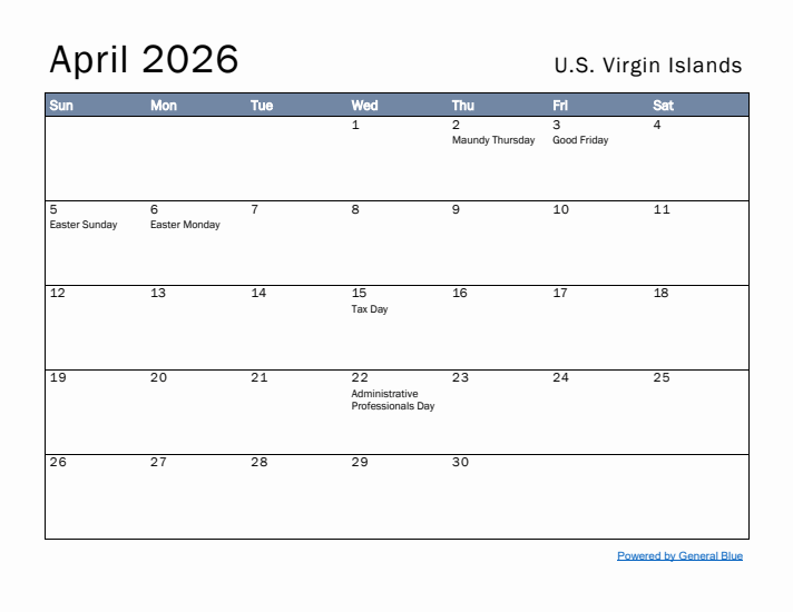 April 2026 Simple Monthly Calendar for U.S. Virgin Islands