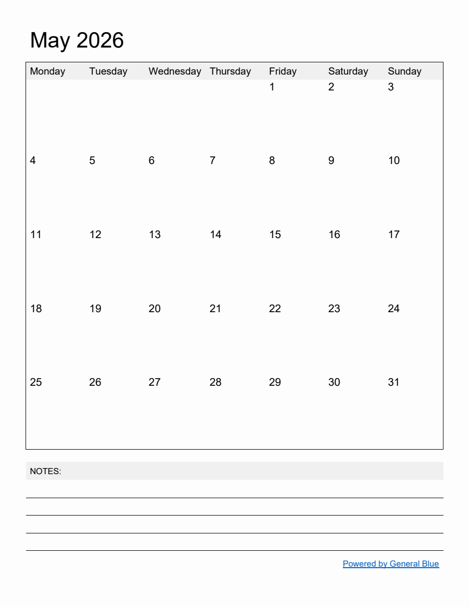Free Printable Monthly Calendar for May 2026