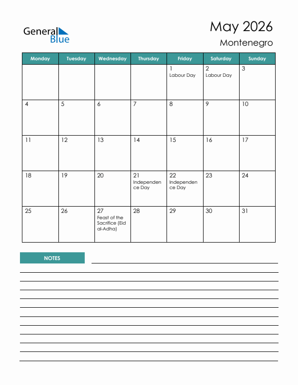 Calendar with Notes Printable - Monday Start