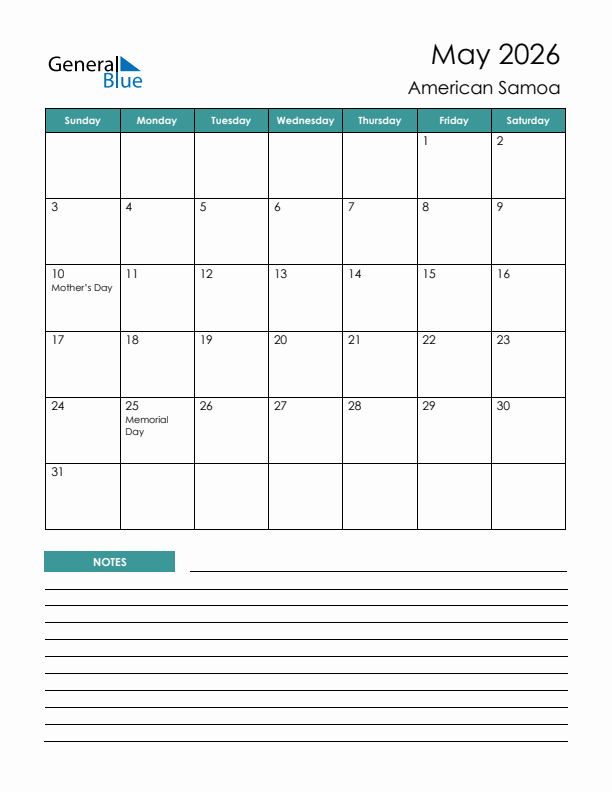 Calendar with Notes Printable - Sunday Start