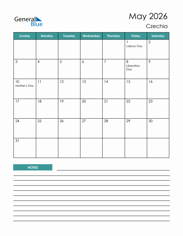 Calendar with Notes Printable - Sunday Start