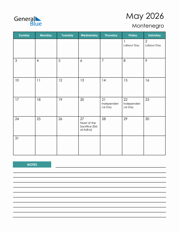 Calendar with Notes Printable - Sunday Start
