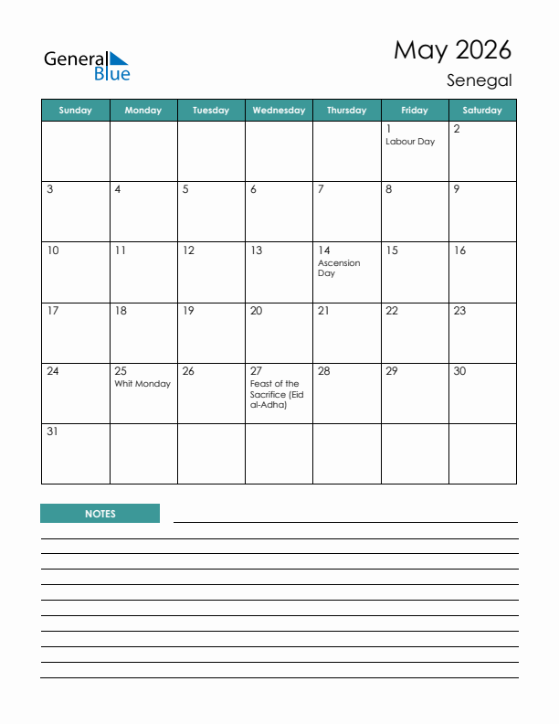 Calendar with Notes Printable - Sunday Start