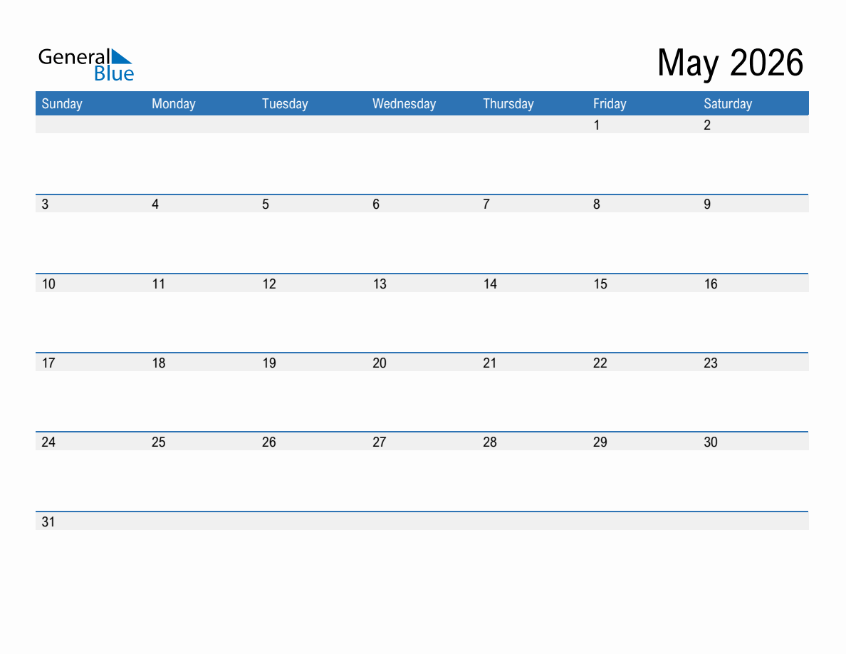 May 2026 Monthly Calendar (PDF, Word, Excel)