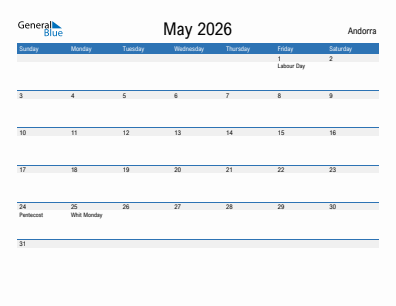 Current month calendar with Andorra holidays for May 2026