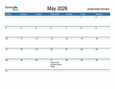 Current month calendar with United Arab Emirates holidays for May 2026