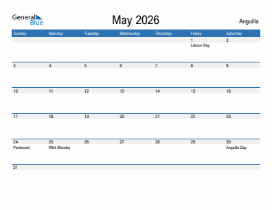 Current month calendar with Anguilla holidays for May 2026