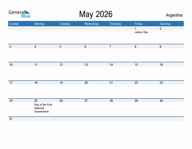 Current month calendar with Argentina holidays for May 2026