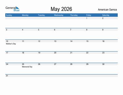 Current month calendar with American Samoa holidays for May 2026