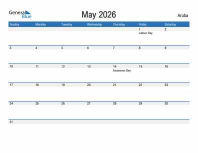 Current month calendar with Aruba holidays for May 2026