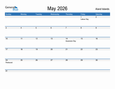 Current month calendar with Aland Islands holidays for May 2026
