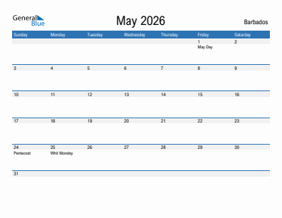 Current month calendar with Barbados holidays for May 2026