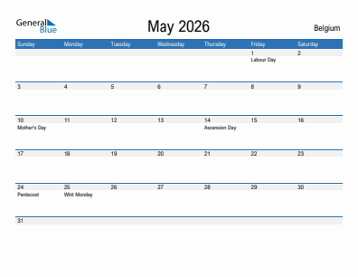 Current month calendar with Belgium holidays for May 2026