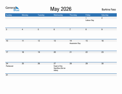 Current month calendar with Burkina Faso holidays for May 2026