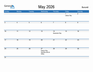 Current month calendar with Burundi holidays for May 2026
