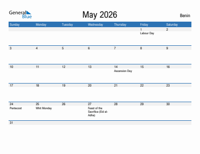 Current month calendar with Benin holidays for May 2026