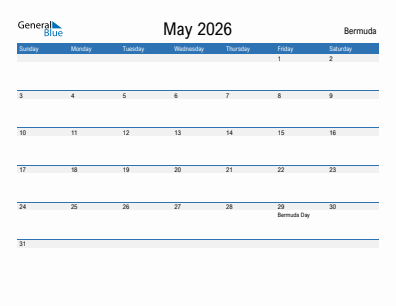 Current month calendar with Bermuda holidays for May 2026
