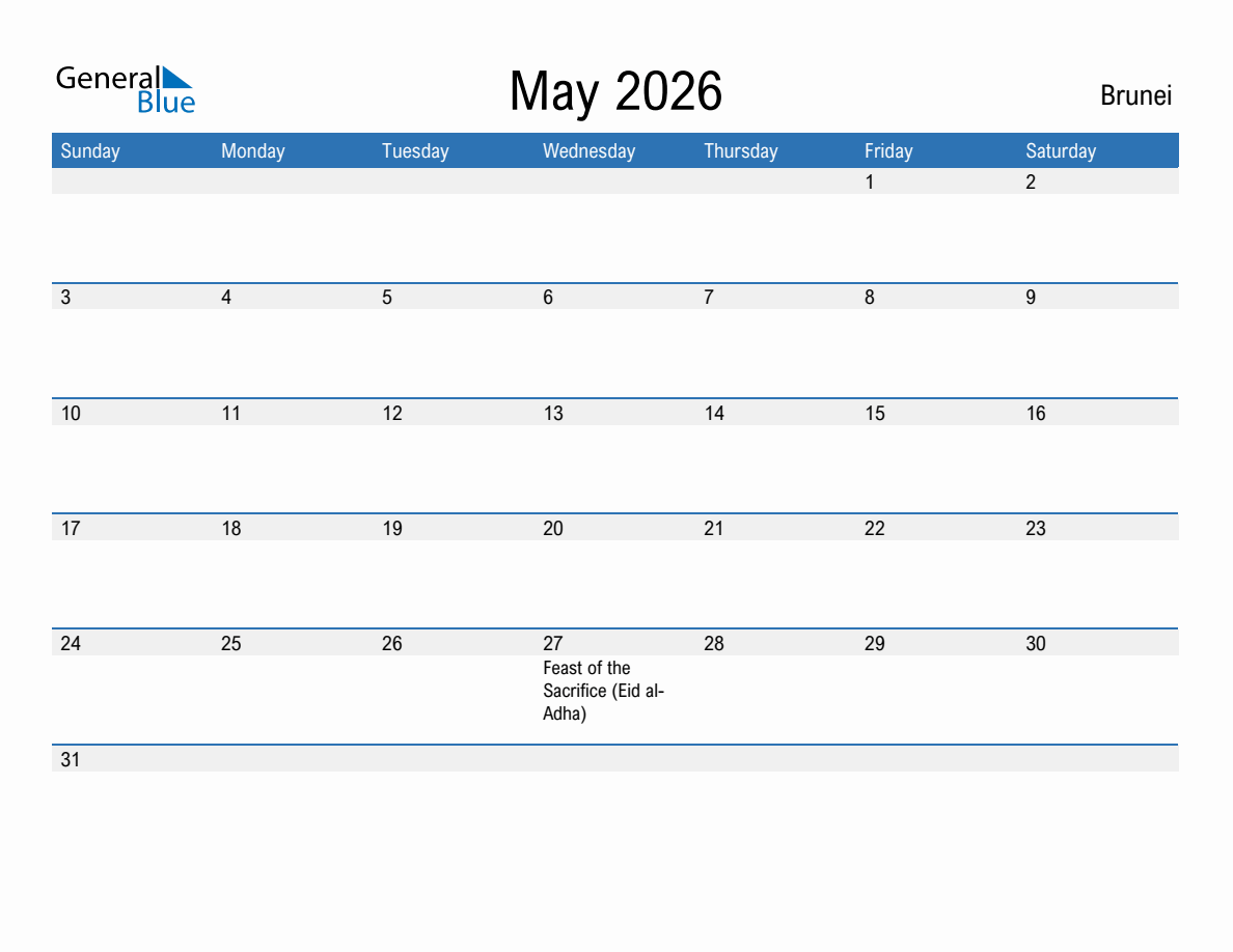 Editable May 2026 Calendar with Brunei Holidays