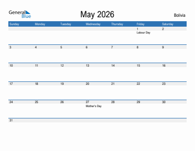 Current month calendar with Bolivia holidays for May 2026