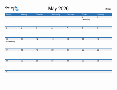Current month calendar with Brazil holidays for May 2026
