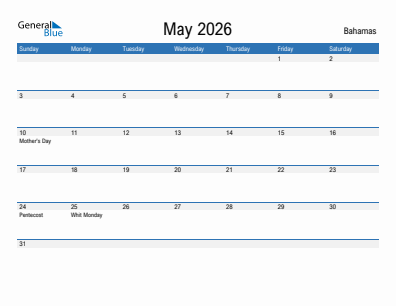 Current month calendar with Bahamas holidays for May 2026