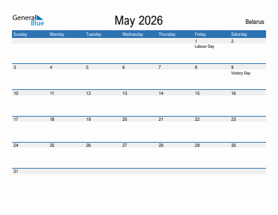 Current month calendar with Belarus holidays for May 2026