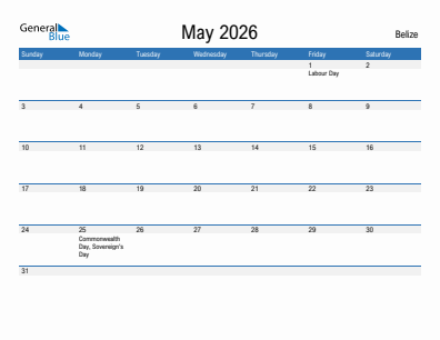 Current month calendar with Belize holidays for May 2026