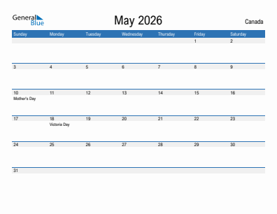 Current month calendar with Canada holidays for May 2026
